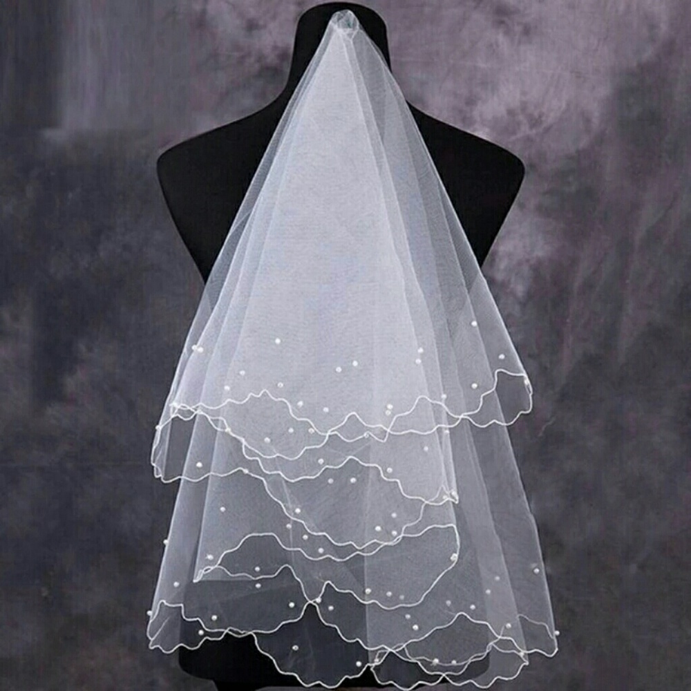 Pearl Wedding Dress Veil Layers Tulle Ribbon Edge - Picture 4 of 4